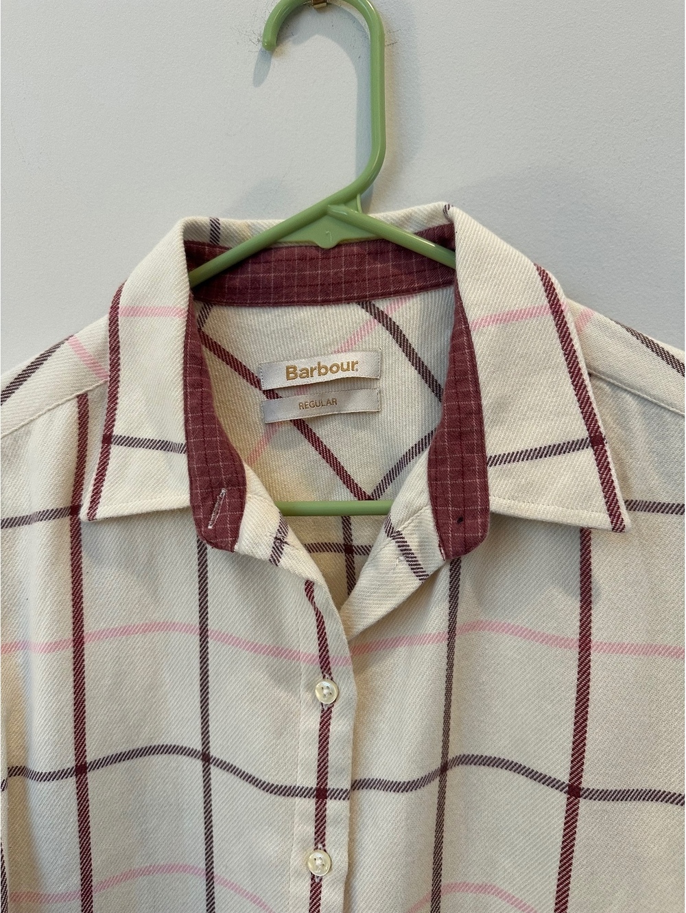 Size 10 Barbour long-sleeve blouse cream-colored fabric maroon and grey plaid